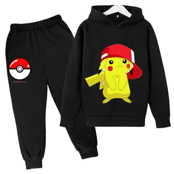 Комплект толстовки Kawaii Pokemon Pikachu для мальчиков и девочек, детский костюм с капюшоном, комплект спортивной одежды с капюшоном, брюки, одежда для мальчиков