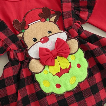 Рождественский комбинезон для новорожденной девочки, платье в клетку с рюшами и рукавом в виде оленя с повязкой на голове, милые рождественские наряды