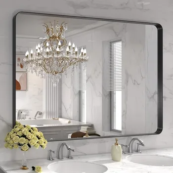 Зеркало для душа 48X32 дюйма, зеркало для ванной комнаты в черной металлической раме на стену, большое прямоугольное зеркало с закруглением, антикоррозийное, закаленное стекло,