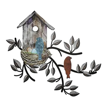 Декор для стен с птицами, декор в виде металлической птицы для стены, настенное искусство с птицами, Подвесное металлическое дерево со скворечником для гостиной, Простое в использовании 0