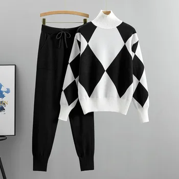 Женские трикотажные комплекты одежды, клетчатый свитер с высоким воротом + однотонные брюки, костюм из 2 предметов, весенне-осенние наряды, женский повседневный трикотаж