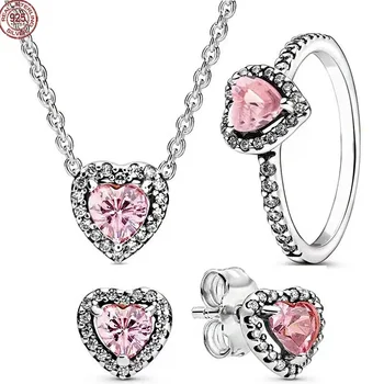 Новые серьги из стерлингового серебра 925 пробы с розовым хрусталем в форме сердца, ожерелье, браслет-оберег, оригинальный ювелирный подарок для подруги