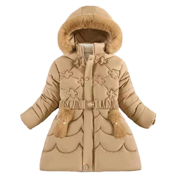 Зимняя куртка с капюшоном для девочек 3-9 лет Плюшевое теплое пуховое пальто на открытом воздухе утолщенная версия средней длины модная детская одежда