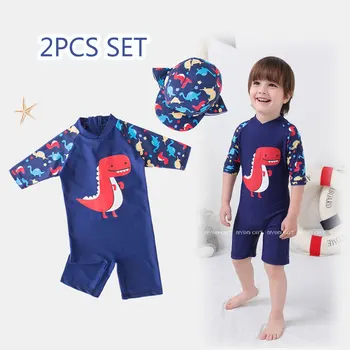 Комплект Одежды для мальчиков, детский цельный купальник, синий купальник с динозавром + шляпа, пляжная одежда для плавания для девочек, мультяшный купальник для купания