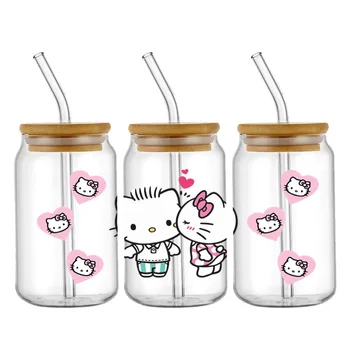 Sanrio Hello Kitty Kuromi Дизайн на День Святого Валентина УФ-наклейка DTF для упаковки 16 унций, наклейка с логотипом DIY, самоклеящаяся 1