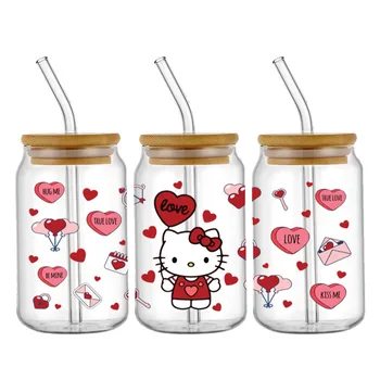 Sanrio Hello Kitty Kuromi Дизайн на День Святого Валентина УФ-наклейка DTF для упаковки 16 унций, наклейка с логотипом DIY, самоклеящаяся 3
