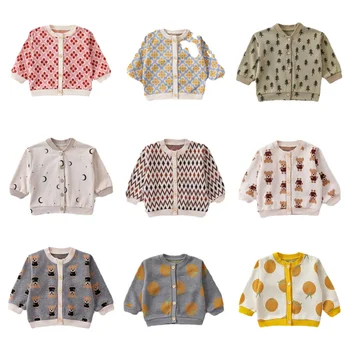 Одежда для новорожденных девочек, вязаный кардиган с милым принтом для мальчиков, свитер, верхняя одежда