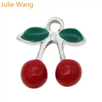 Julie Wang 10ШТ Эмалированные подвески с красной вишней и фруктами серебристого цвета, подвески для изготовления ювелирных изделий, ожерелье, серьги, аксессуар
