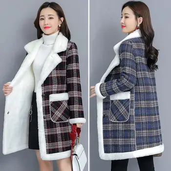 Женское осенне-зимнее пальто с отложным воротником, толстое плюшевое пальто, теплый кардиган в клетку средней длины с принтом, женское толстое пальто для поездок на работу