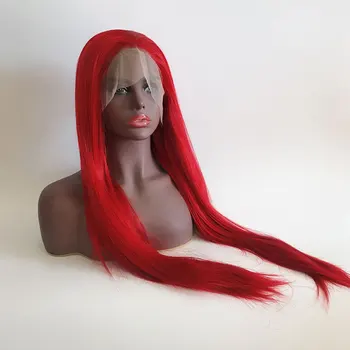 Потрясающие Ярко-огненно-красные прямые синтетические волосы 13X4, кружевные парики спереди, бесклеевые волосы из термостойких волокон высокой плотности для женщин