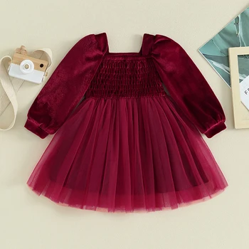 Тюлевое платье с длинными рукавами для маленьких девочек, детское платье-пачка, Бархатное платье, платье из тюлевой сетки в стиле пэчворк, платье с квадратным вырезом