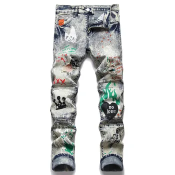 Осень 2023, мужские джинсы в стиле панк С принтом, Модные Джинсы с надписями, Модные Рваные складки, Тонкие джинсовые брюки в стиле ретро