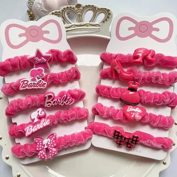 5шт Плюшевая лента для волос Kawaii Barbie, милая розовая веревка для волос Барби, Мультяшная детская повязка на голову, девчачья красочная резинка, подарок для девочки