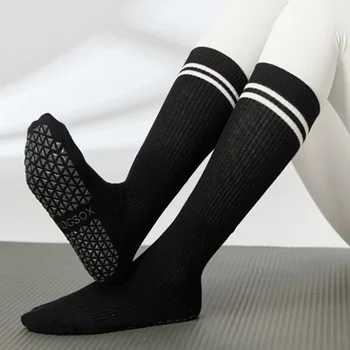Носки для йоги, хлопковые носки с ворсом в полоску и горошек, Силиконовые нескользящие женские носки для пилатеса высокого качества, захватывающие носки для икр 0