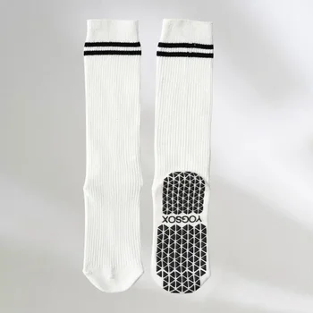 Носки для йоги, хлопковые носки с ворсом в полоску и горошек, Силиконовые нескользящие женские носки для пилатеса высокого качества, захватывающие носки для икр 5