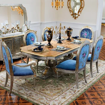 Обеденный стул из французской ткани, роскошный классический европейский обеденный стол и стул из массива дерева длиной 2,35 м, в комплекте