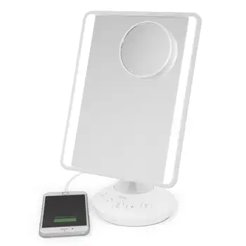 Зеркало iHome со звуком Bluetooth, светодиодной подсветкой, дополнительным 10-кратным увеличением, поддержкой Siri и Google, USB-зарядкой, 7 