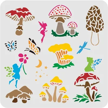 Рисунок джинна-гриба, трафареты для рисования, шаблоны (11,8x11,8 дюйма) Пластиковые квадратные Многоразовые трафареты для рисования по дереву, полу