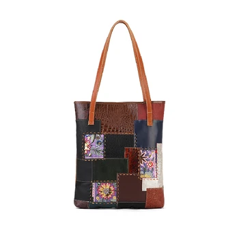 Вышивка в стиле Пэчворк Уникальная Винтажная Красочная женская сумка из натуральной Кожи формата А4 Большой емкости, Женская сумка-тоут, Женская сумка через плечо M1972