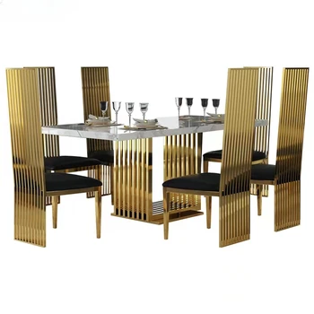 Современный Роскошный Мраморный обеденный стол и стулья, кухонная мебель, нержавеющая сталь, золотая основа, Столы для столовой, стул