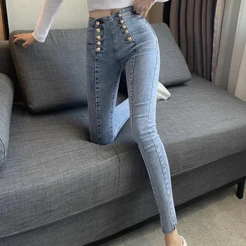 Женские узкие джинсы в корейском стиле, модные Двубортные дизайнерские брюки, женские летние эластичные брюки-карандаш с высокой талией, выстиранные, с высокой талией
