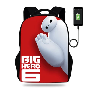 Рюкзак Disney Big Hero 6 Baymax Для мальчиков и девочек, школьная сумка, подростковые сумки для книг, Мужской Женский рюкзак, USB-рюкзак для путешествий, Mochila
