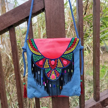 Новая модная женская сумка, летние сумки с кисточками, богемная женская кожаная сумка ручной работы из 100% хлопка, синяя сумка через плечо