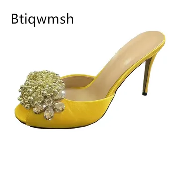 Желтые роскошные атласные босоножки со стразами женские босоножки с открытым носком и бриллиантовым цветком на тонких высоких каблуках женские пикантные вечерние туфли 0
