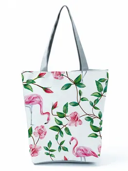 Горячая распродажа, Сумка-тоут с цветочным принтом Фламинго и зелеными листьями, Женская сумка на молнии, Портативная Яркая Цветная Модная сумка для покупок через плечо