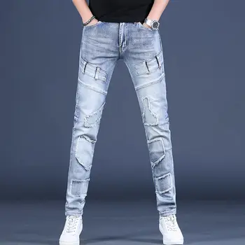 2022 Новая Европейская станция С дырочкой, светло-голубые Весенне-летние джинсы, мужские выстиранные эластичные облегающие брюки с маленькими ножками в стиле ретро, Длинные брюки