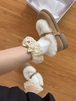 Женская обувь, плюшевые хлопчатобумажные туфли 2023 года, новые зимние плюшевые и теплые кожаные туфли Mary Jane