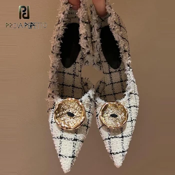 Элегантные женские туфли-лодочки на шпильке на тонком каблуке 10,5 см, вечерние туфли без застежки, Бархатная металлическая пряжка, декор, Потрясающая Новая обувь