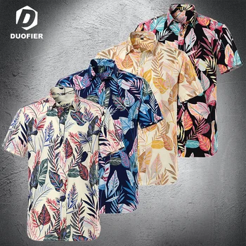 2023 Летние Новые Модные повседневные мужские рубашки из хлопка с цветочным принтом листьев, с коротким рукавом, свободная гавайская пляжная рубашка высшего качества, размер ЕС
