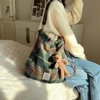 Youda, новая женская сумка из шерстяной ткани, модная плюшевая сумка в клетку, большой повседневный рюкзак для покупок