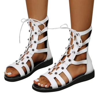 2023 Новые Модные Летние босоножки со стразами, Повседневные дышащие женские туфли на плоской подошве с перекрестным ремешком и молнией сзади, Пляжная обувь
