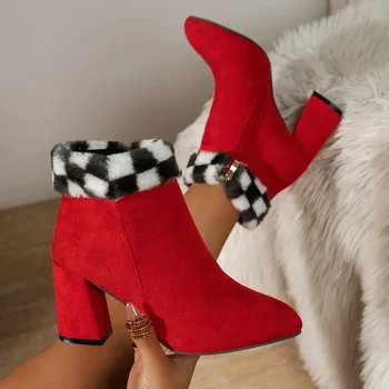 Женские ботильоны, зимние Теплые флисовые женские ботинки, Простые красные туфли на высоком каблуке, Удобная Женская обувь на толстом каблуке для поездок на работу