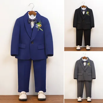 Детская роскошная куртка королевского синего цвета, жилет, брюки, Галстук-бабочка, цветок, 5 шт., костюм для свадебной фотографии для мальчиков, Детский костюм для выступления