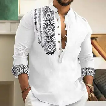 Мужская рубашка с винтажным принтом, мужская приталенная рубашка со стоячим воротником, классический этнический стиль для повседневной офисной одежды, мягкая дышащая этническая одежда