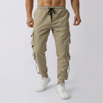 Повседневные брюки с карманами и строчкой 2024, уличная одежда, универсальные однотонные брюки-карго со средней талией и завязками, Модные мешковатые мужские брюки 0