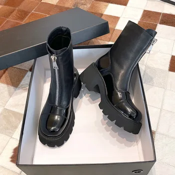 ботинки из натуральной кожи, Новые Армейские женские зимние ботинки, Черные ботинки на платформе в готическом стиле, Кожаные ботильоны, Женская обувь, модные Botas Mujer
