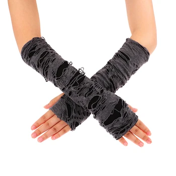 Рваные перчатки без пальцев в готическом стиле, темно-панк-одежда, подходящие перчатки с разрезами, Черно-белые перчатки для косплея на Хэллоуин для взрослых