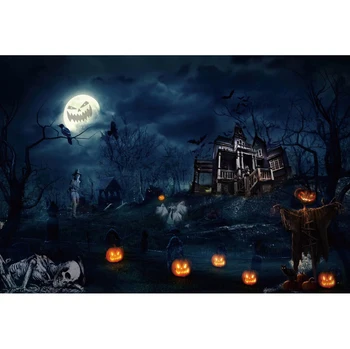 Laeacco Хэллоуин Ночь Загадка, Дерево-Призрак С Привидениями Фоне Дома Тыква Лампы Лунная Ночь Детский Портрет Фотография Фон 3