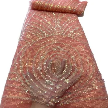 Кружевная ткань из бисера Африканского жениха, 5 ярдов высококачественного Французского тюля, кружевная ткань с 3D блестками, Нигерийская кружевная ткань для свадебной вечеринки 2
