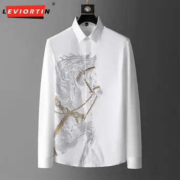 Осенняя мужская рубашка модного бренда 2023 с длинными рукавами и принтом Hot Diamond Shirt Slim Fit, устойчивая к морщинам, деловая рубашка без железа