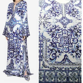 200x145 см Модные синие и белые Фарфоровые принты, имитирующие Шелковую атласную ткань для женского длинного платья, ткань для шитья своими руками