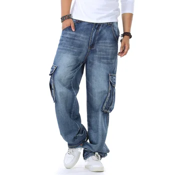Весенне-осенний толстый парень больших размеров, модные широкие джинсы с несколькими карманами, большие размеры, мужские свободные джинсовые длинные брюки
