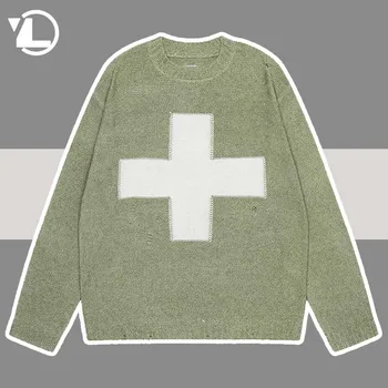Вязаный свитер крест-накрест, мужской японский пуловер Harajuku с рваными отверстиями, высококачественный мешковатый джемпер в стиле ретро Y2K с круглым вырезом.