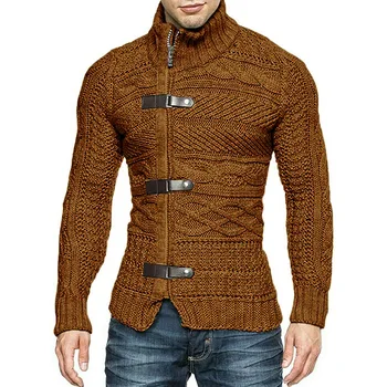 Мужские свитера Осень-зима, свитер с высоким воротом, мужской вязаный кардиган с кожаной пряжкой и длинным рукавом, пальто, мужская одежда большого размера