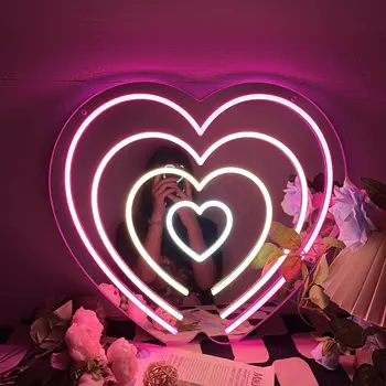 Двойное зеркало в форме сердца, неоновая вывеска, розово-красная светодиодная неоновая лампа с питанием от USB, световая вывеска для декора стен спальни, настенный ночник