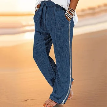 Новые повседневные хлопчатобумажные льняные Тонкие брюки, Мужские дышащие пляжные брюки, осенние винтажные плиссированные прямые брюки на молнии сбоку, мужская одежда